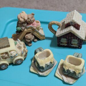 MINIATURE CAST RESIN BUNNY RABBIT SCHOOL TEA SET